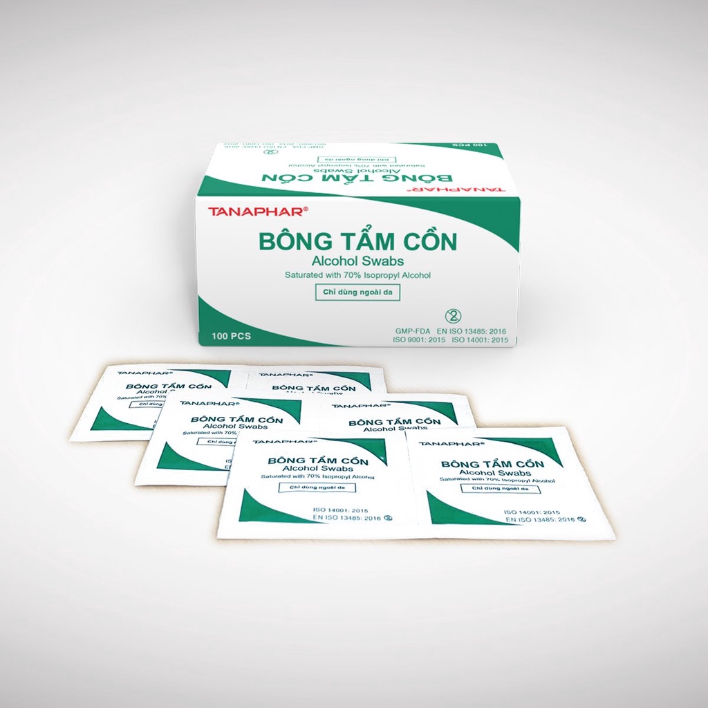 Bông tẩm cồn TANAPHAR (Alcohol Swabs) dùng vệ sinh, lấy máu, lau bề mặt (Hộp 100 miếng)