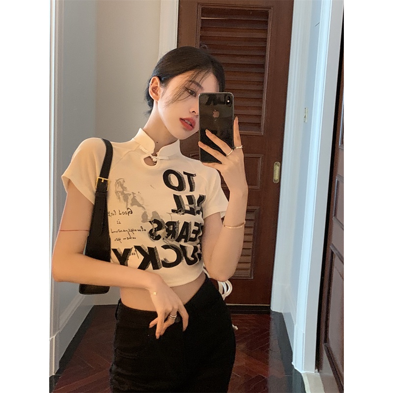 QKOOLE  Áo Thun Croptop Tay Ngắn Phối Dây Rút In Họa Tiết Kiểu Hàn Quốc Xinh Xắn Cho Nữ