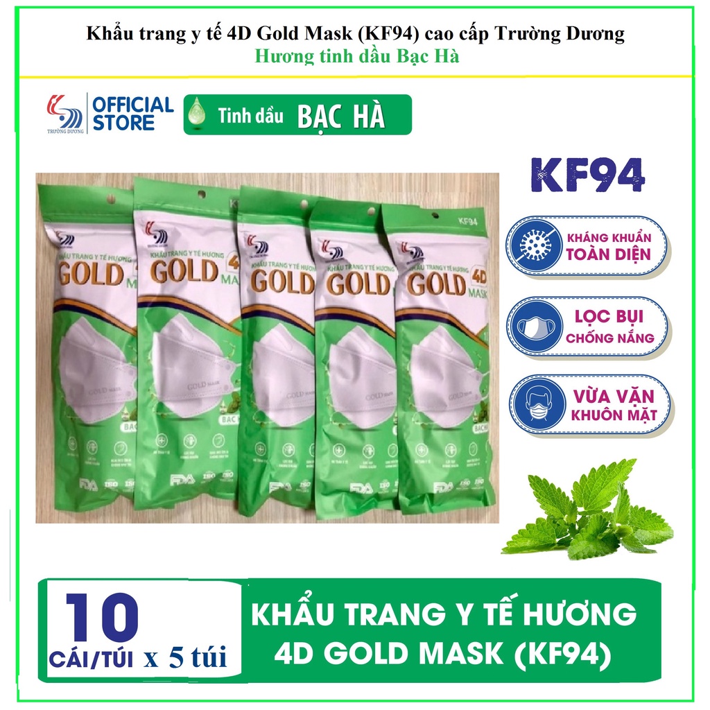 COMBO 5 túi x 10C/túi Khẩu trang y tế 4D Gold Mask (KF94) cao cấp Trường Dương hương tinh dầu Bạc Hà - CNCL: 1/. HTQL CL