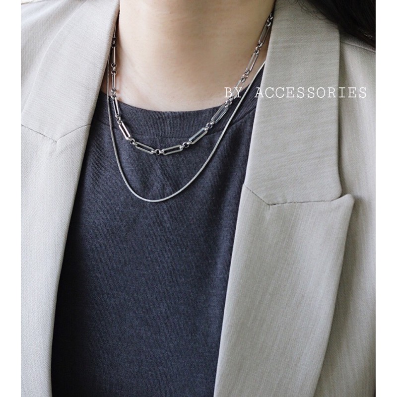 Dây chuyền nữ unisex titan 2 tầng xích chữ nhật phối khoen và chuỗi tròn xương rắn không gỉ