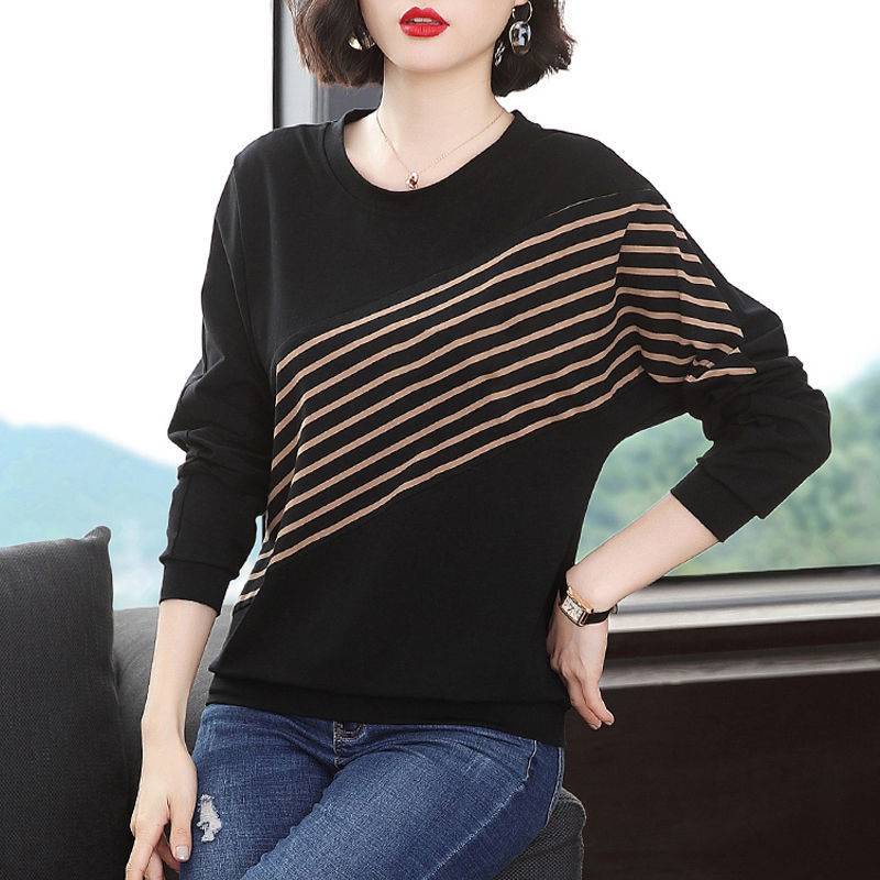 Áo thun tay dài dáng rộng phối nhung dày họa tiết kẻ sọc thời trang cho nữ trung niên