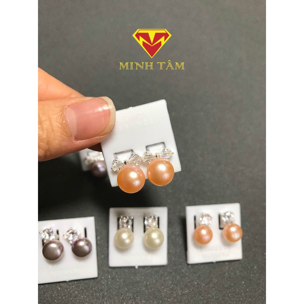 Khuyên tai bạc Trai nuôi tự nhiên nước ngọt, Bông tai bạc nơ Trai nuôi thiên nhiên-Minh Tâm Jewelry