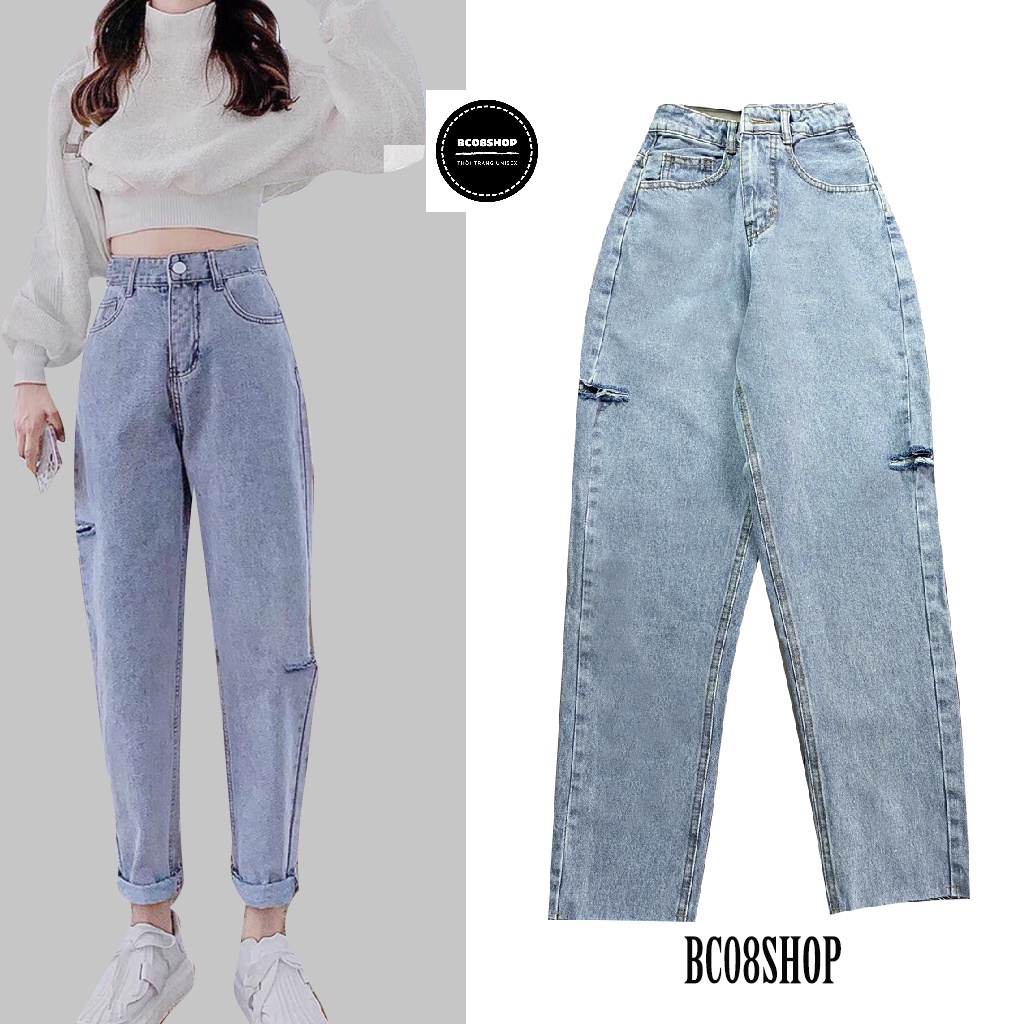 Quần jean Baggy Suông Rách Sườn Màu Xanh Basic BC058