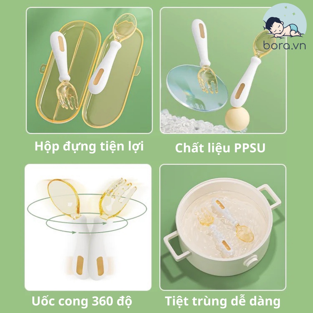 Thìa dĩa tập xúc PPSU cho bé, có thể uốn cong, kèm hộp đựng