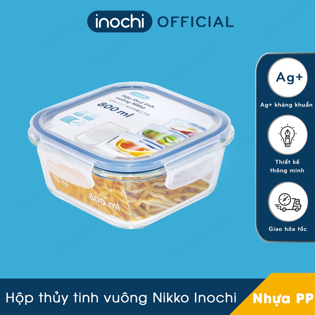 Hộp thủy tinh vuông Nikko Inochi - Hộp thuỷ tinh đựng thực phẩm, Không bám mùi, Chịu nhiệt cao, Chất lượng Nhật Bản