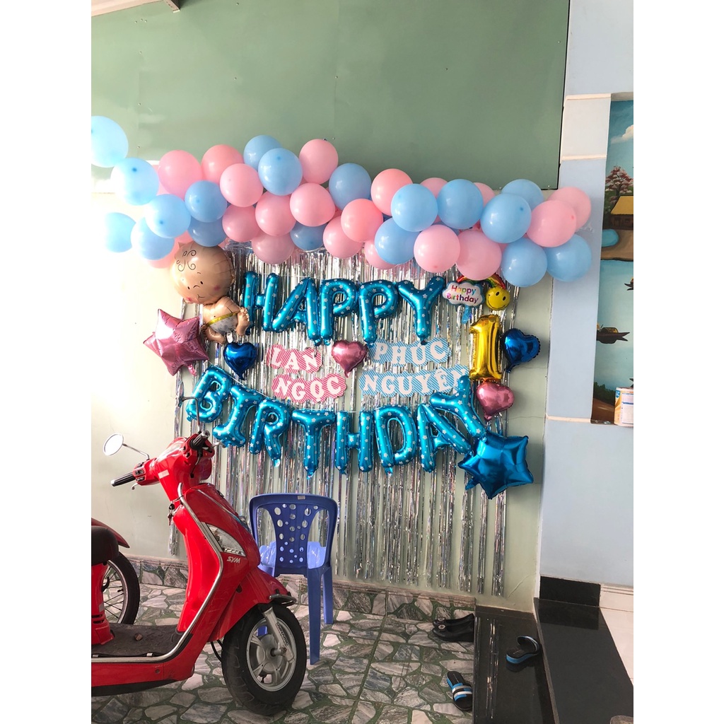 Combo Set Trang Trí Sinh Nhật 2 Rèm Kim Tuyến, Bóng Chữ Happy Birthday và 50 bong bóng tròn cho bé trai, bé gái CB01
