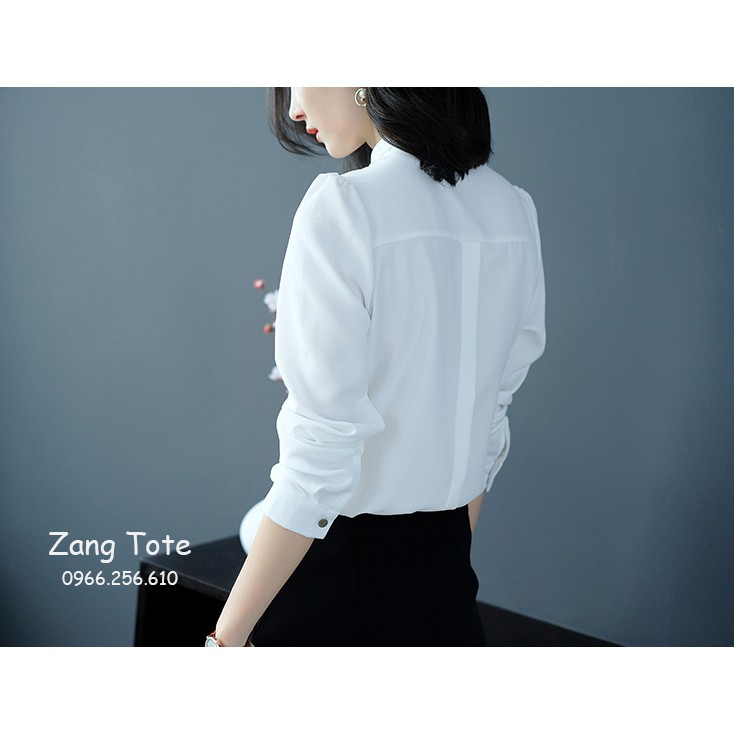 Áo sơ mi công sở nữ giấu cúc cổ polo cách điệu chất Mango Hàn cao cấp màu trắng sứ SMFH1 - Zang Tote