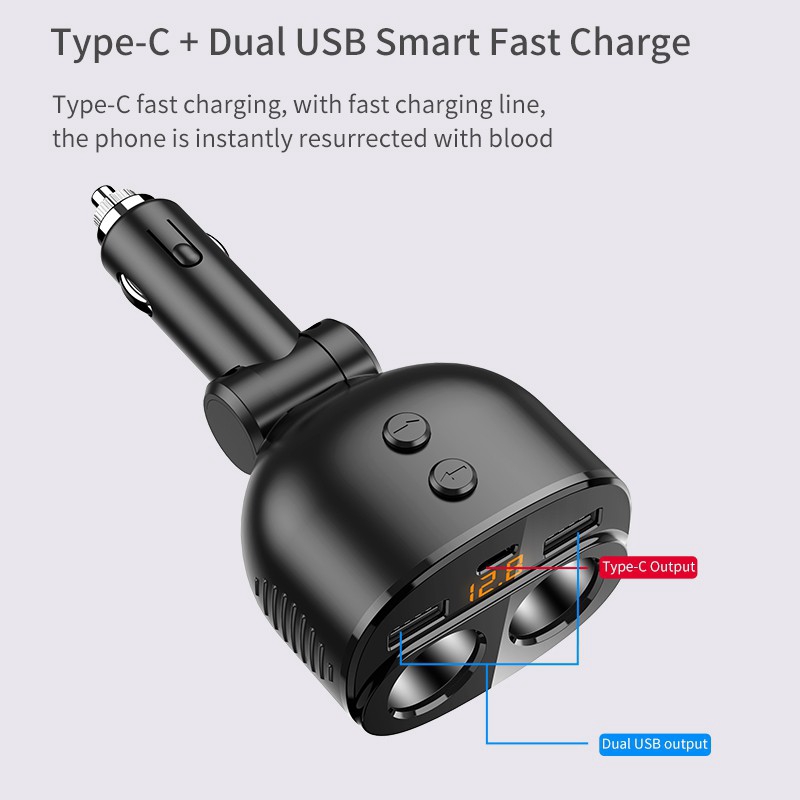 Tẩu Sạc Nhanh Thông Minh USB QC3.0 3.1A Kèm 2 Cổng USB + 2 Ổ Cắm Thuốc Lá Điện Áp