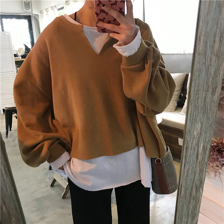 Áo Hoodie Nữ Dáng Rộng Giả Hai Lớp Phong Cách Hàn Quốc