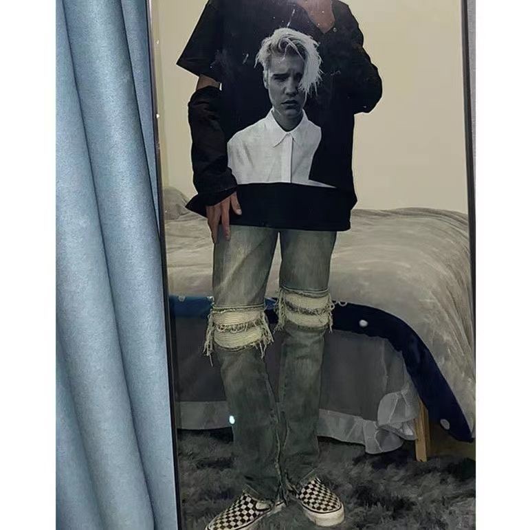 ☇⊙ Quần Jean Ống Suông Ôm Dáng Khóa Kéo Rách Lỗ Kiểu Đường Phố Mỹ Thời Thượng Cho Nữ