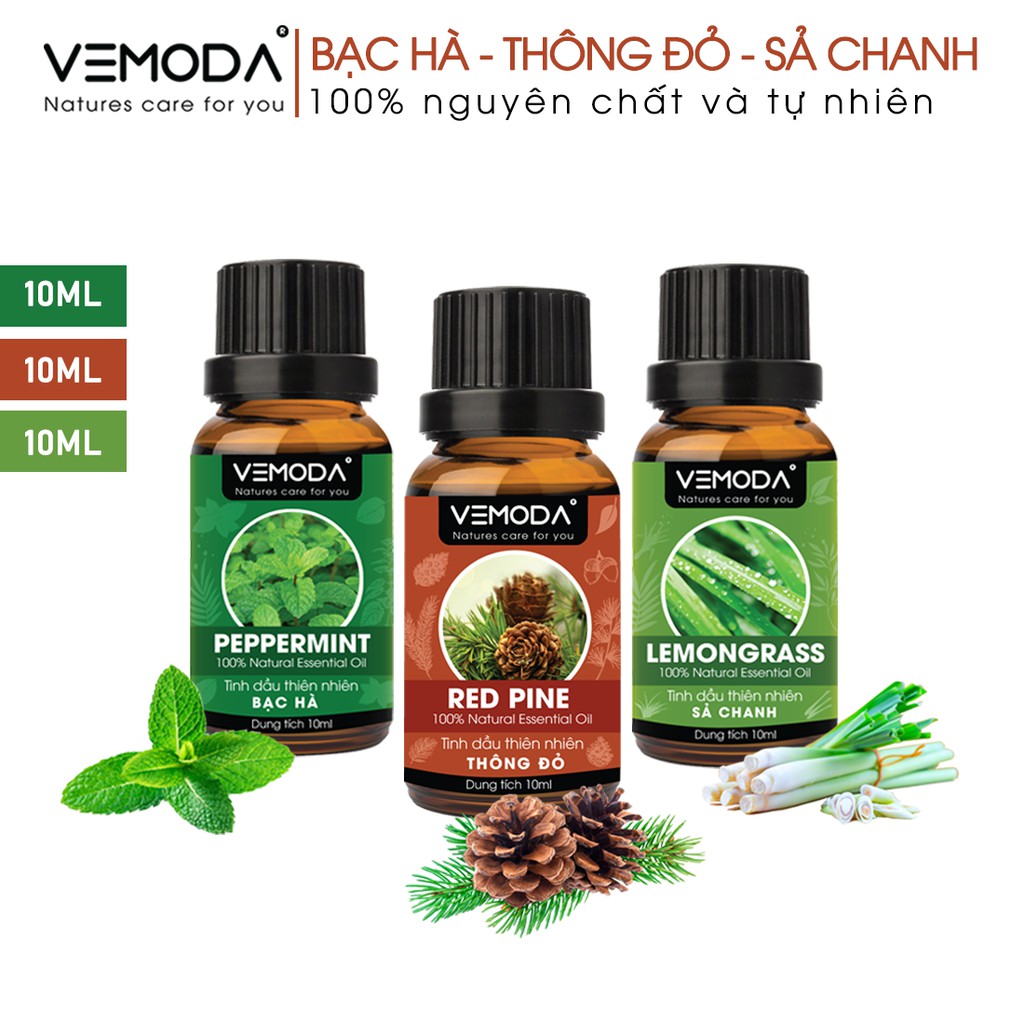 Combo 3 chai tinh dầu nguyên chất Vemoda: tinh dầu Bạc hà + tinh dầu Thông đỏ + tinh dầu Sả chanh