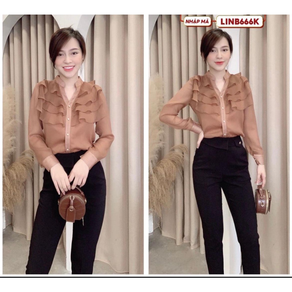 ✨BÁN SỈ✨Áo sơ mi bèo trước màu nâu tây 2 lớp