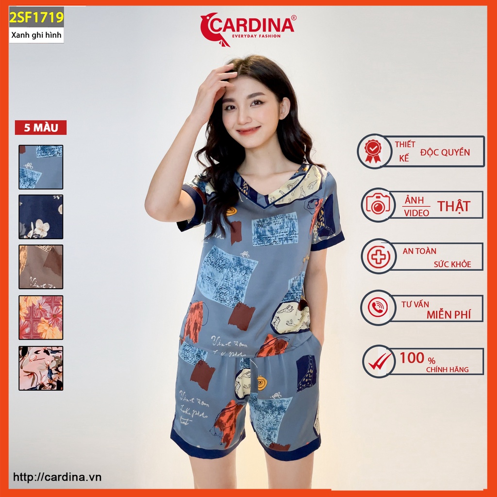 Đồ bộ nữ CARDINA chất lụa Satin Nhật cao cấp áo cộc tay quần đùi họa tiết độc đáo 2SF17