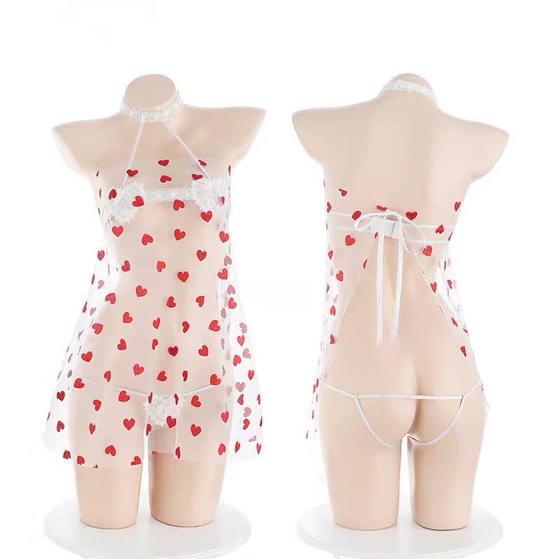 Váy ngủ hở lưng xuyên thấu sexy PT NIGHTWEAR bra cổ yếm kèm quần lọt khe gợi cảm PT58