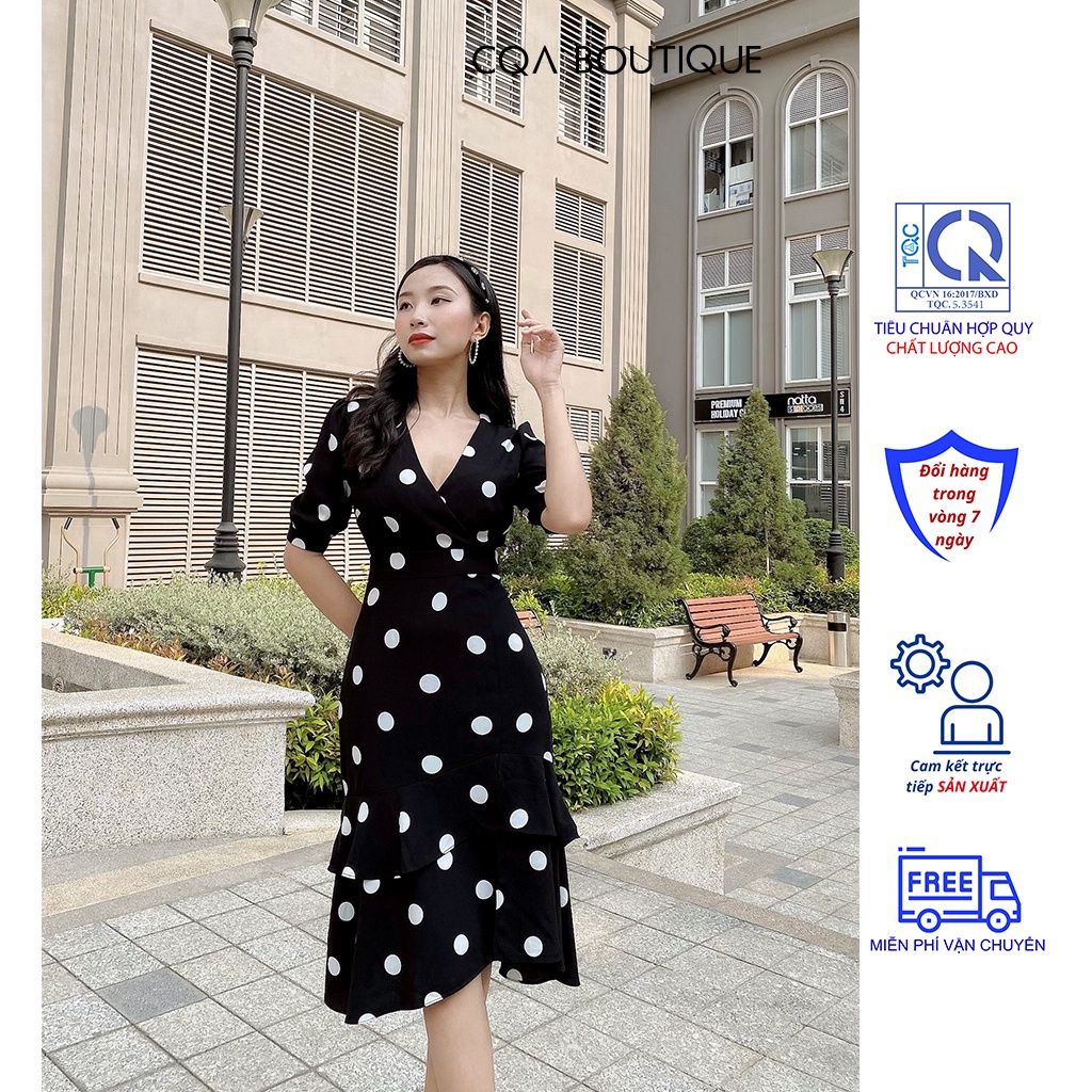 Đầm Công Sở Midi Tay Ngắn Họa Tiết Chấm Bi Cao Cấp Thương Hiệu CQA Boutique CQA0039