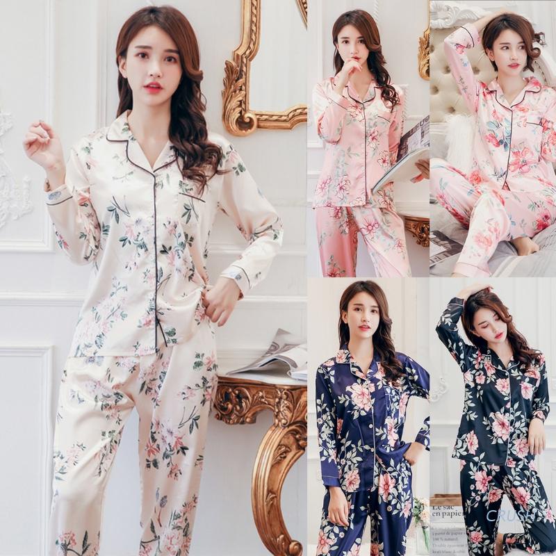 Bộ đồ ngủ tay dài cổ chữ V cài nút + quần dài in họa tiết hoa thời trang cho nữ