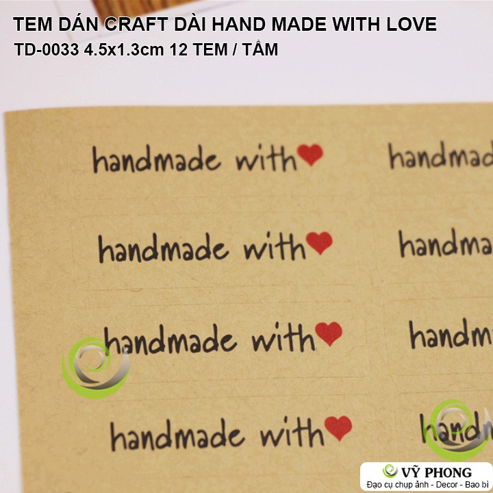 TEM DÁN STICKER GIẤY CRAFT DÀI HAND MADE WITH LOVE NHÃN DÁN NIÊM PHONG TRANG TRÍ HỘP QUÀ BAO BÌ BÁNH KẸO TD-0033