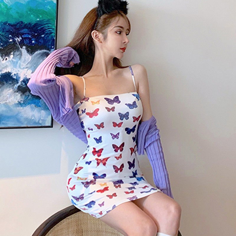 Đầm Hai Dây Dáng Ôm In Hình Bướm Quyến Rũ Gợi Cảm Cho Nữ