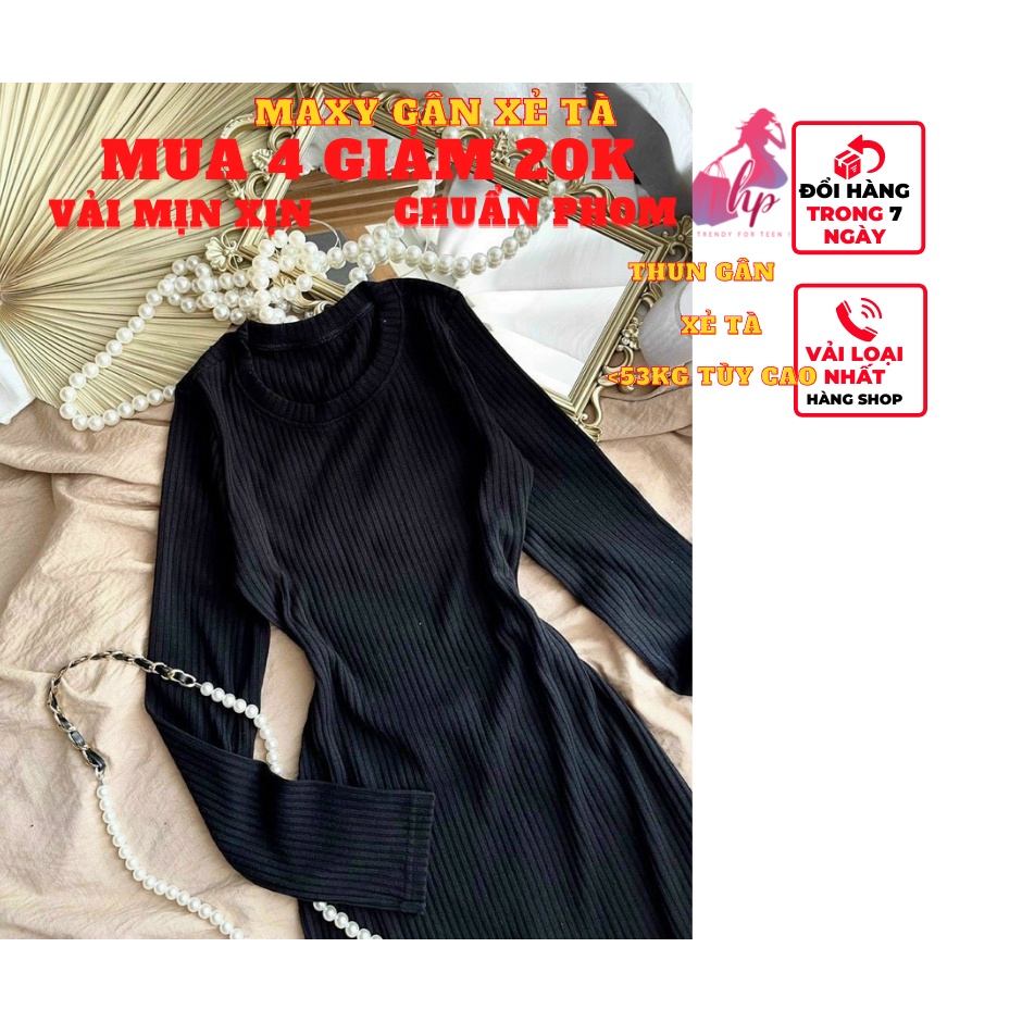 Váy đầm maxi dài nữ ôm body cổ tròn xẻ tà tay dài thun gân thời trang dự tiệc sexy phong cách hàn sang chảnh- VD03...