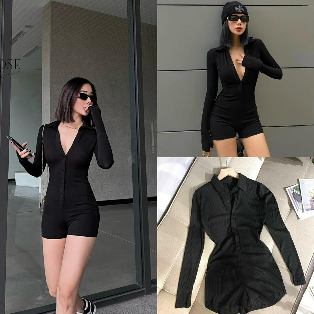 Jum thun gân cổ sơ mi tay dài họa tiết màu đen sang chẩnh thiết kế đơn giản cá tính cho các tình yêu đi chơi, đi biển
