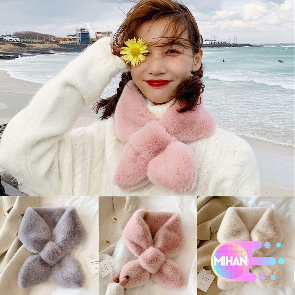 Khăn choàng cổ lông thỏ giả dày dặn màu trơn giữ ấm mùa đông cho nữ