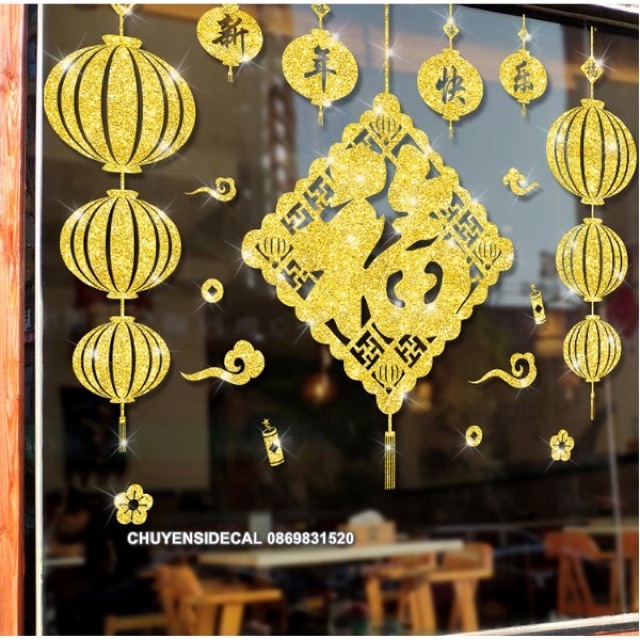 Decal dán Tết - Rèm Lồng đèn Bảng Vuông lớn nhũ