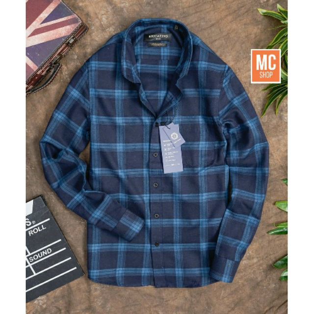 Áosơ mi nam kẻ dạ caro cao cấp kẻ xanh đậm nhạt, vải cotton thấm hút mồ hôi, dầy dặn, gấp hộp cao cấp, hàng VNXK - Hàng
