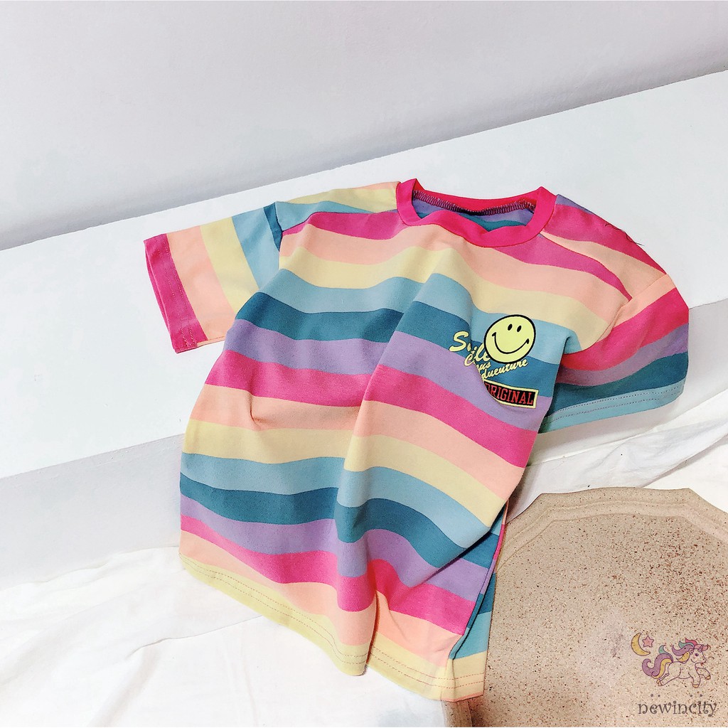 Đầm dáng suông họa tiết sọc cầu vồng thời trang xinh xắn năng động cho bé gái