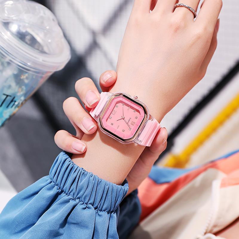 Đồng Hồ Đeo Tay Kỹ Thuật Số Mặt Vuông Đính Đá Dây Silicon Màu Trơn Thời Trang Cho Cặp Đôi