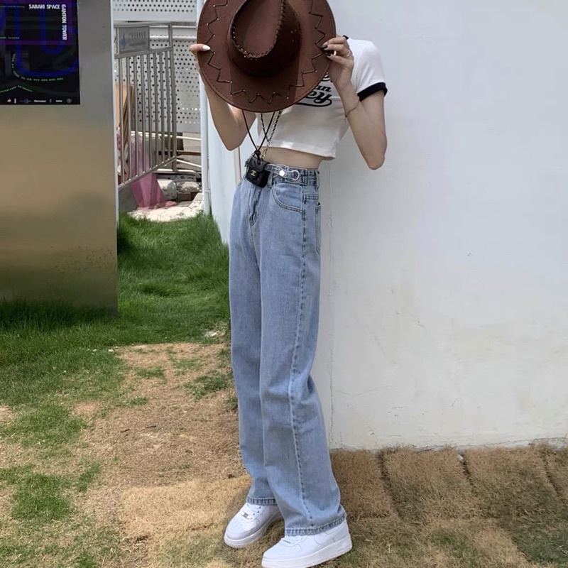 Zenme- sẵn S/M Quần jean nữ ống rộng cạp cao màu xanh nhạt, có nút điều chỉnh độ rộng chật hàng chuẩn Taobao 2022