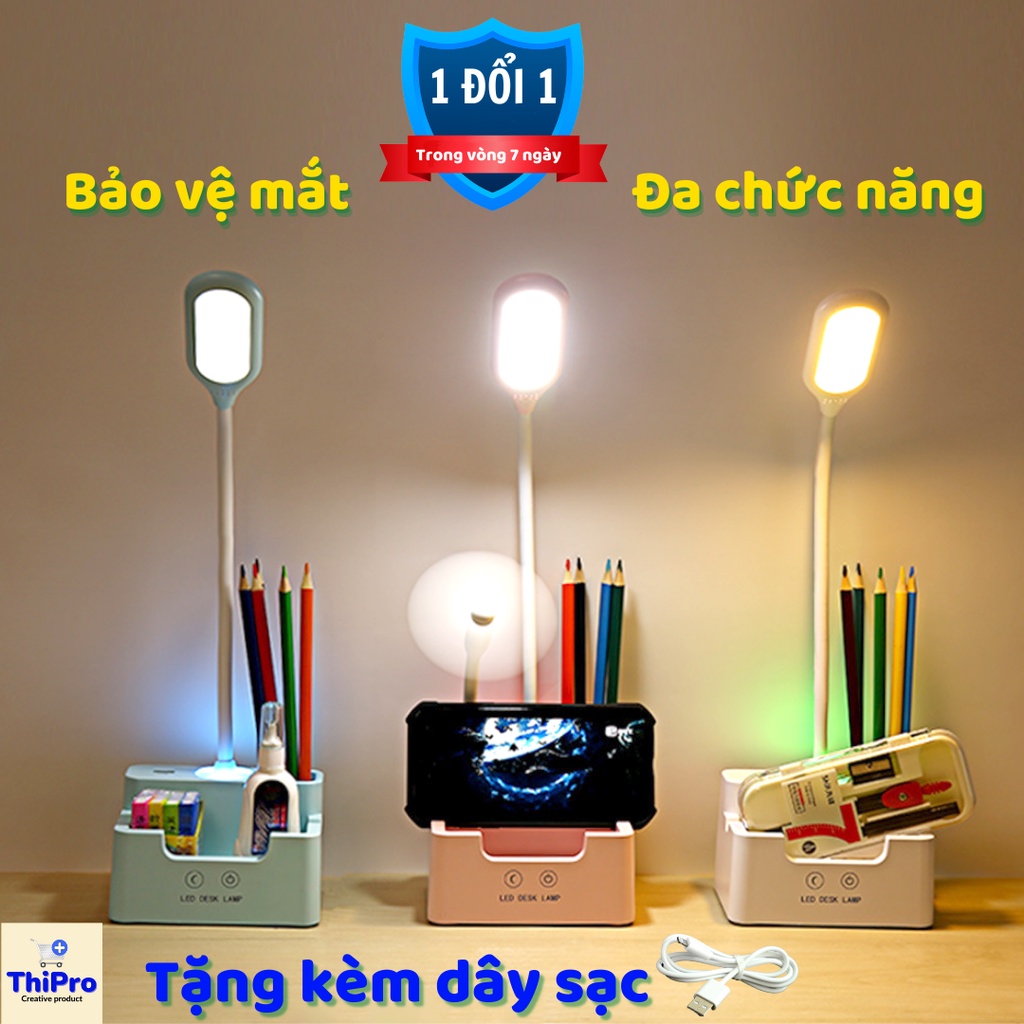 Đèn Học Để Bàn Tích Điện Đa Năng, Đèn LED Chống Cận Với 3 Màu Sáng Có Ngăn Chứa Đồ Dùng Và Cổng USB 5V