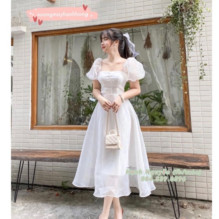 Váy trắng dự tiệc tiểu thư tay phồng cổ vuông, Váy công chúa trắng tay bồng có đệm ngực
