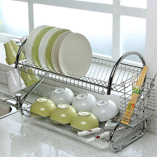 Giá để bát đĩa 2 tầng, kệ chạn úp chén đũa đa năng kèm 2 khay hứng nước