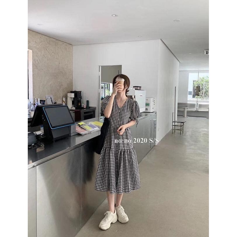 Bomi Dress - Đầm babydoll caro nút