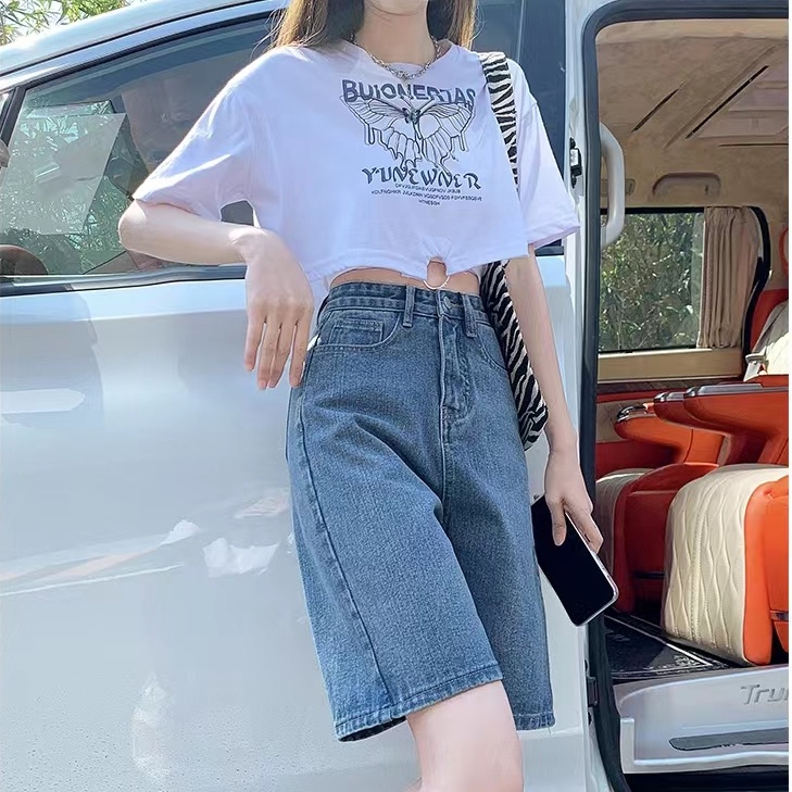 Quần Short Jeans Lưng Cao Ống Rộng Thời Trang Cho Nữ