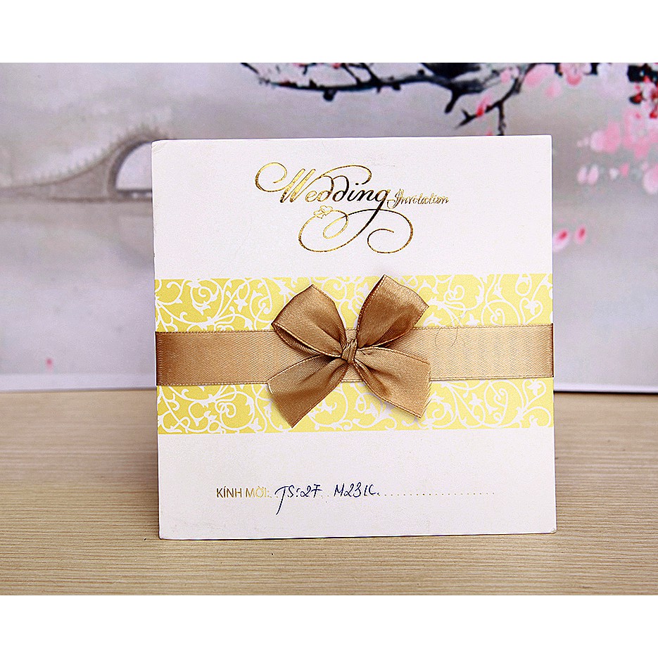 Thiệp cưới hiện đại 2 lớp Đính nơ - Gập đôi