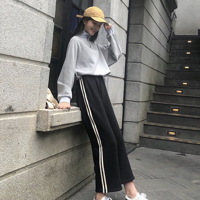 Quần ống rộng lưng cao màu trơn cho nữ