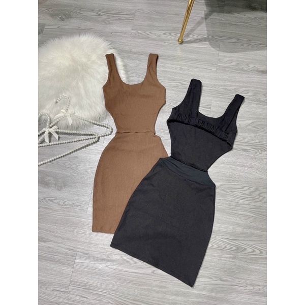 [FREESHIP]Đầm nữ ngắn ôm body chất tăm 2 LỚP dày dặn CÓ QUẦN TRONG 2 dây cổ U hở lưng khoét eo hai màu đen nâu siêu hot