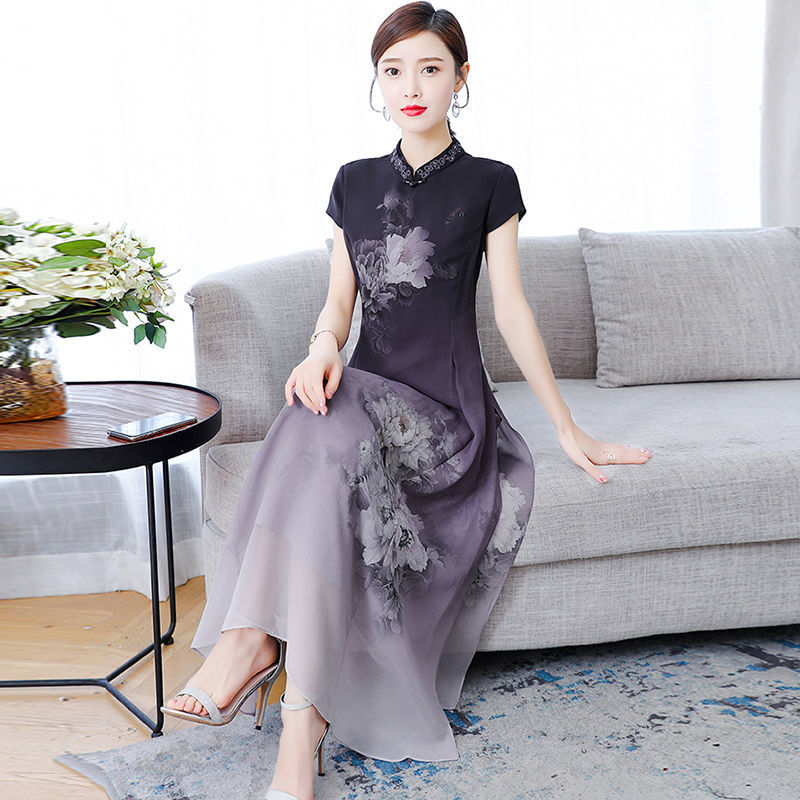 Dress chiffon dress female short-sleeved long print improved version cheongsam dress summer new style embroidery printing