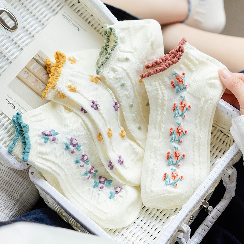 Tất nữ Hàn Quốc cổ ngắn cute set 5 đôi họa tiết hoạt hình chống trơn chống trượt A311 Warm&amp;Cute