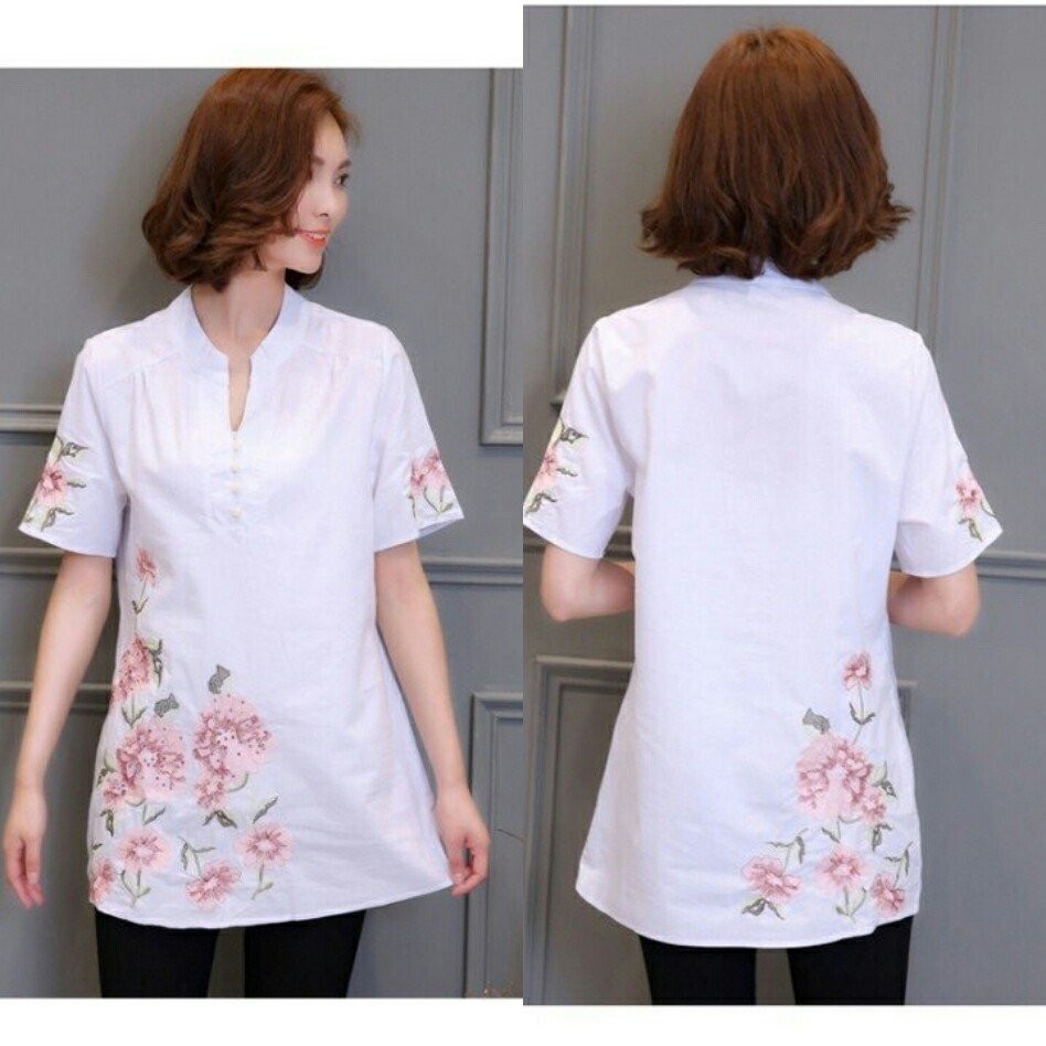 ÁO SƠ MI KIỂU FORM DÀI CỔ V HỌA TIẾT THÊU có size lớn XXL - HÀNG NHẬP KHẨU