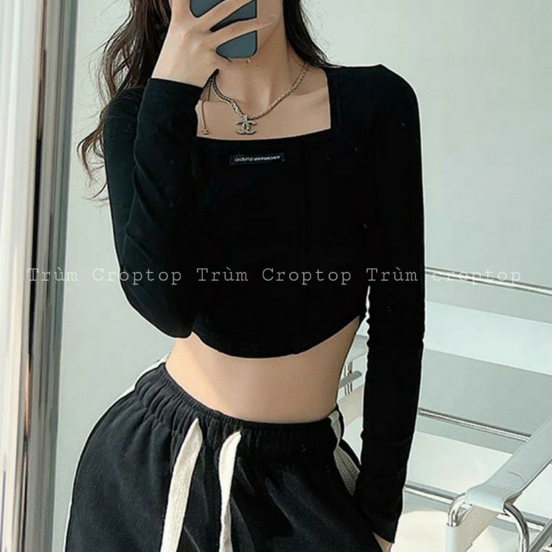 Áo croptop tay dài cổ vuông vạt bầu gắn tag ôm body 3 màu đen trắng xám chất len tăm dưới 53kg