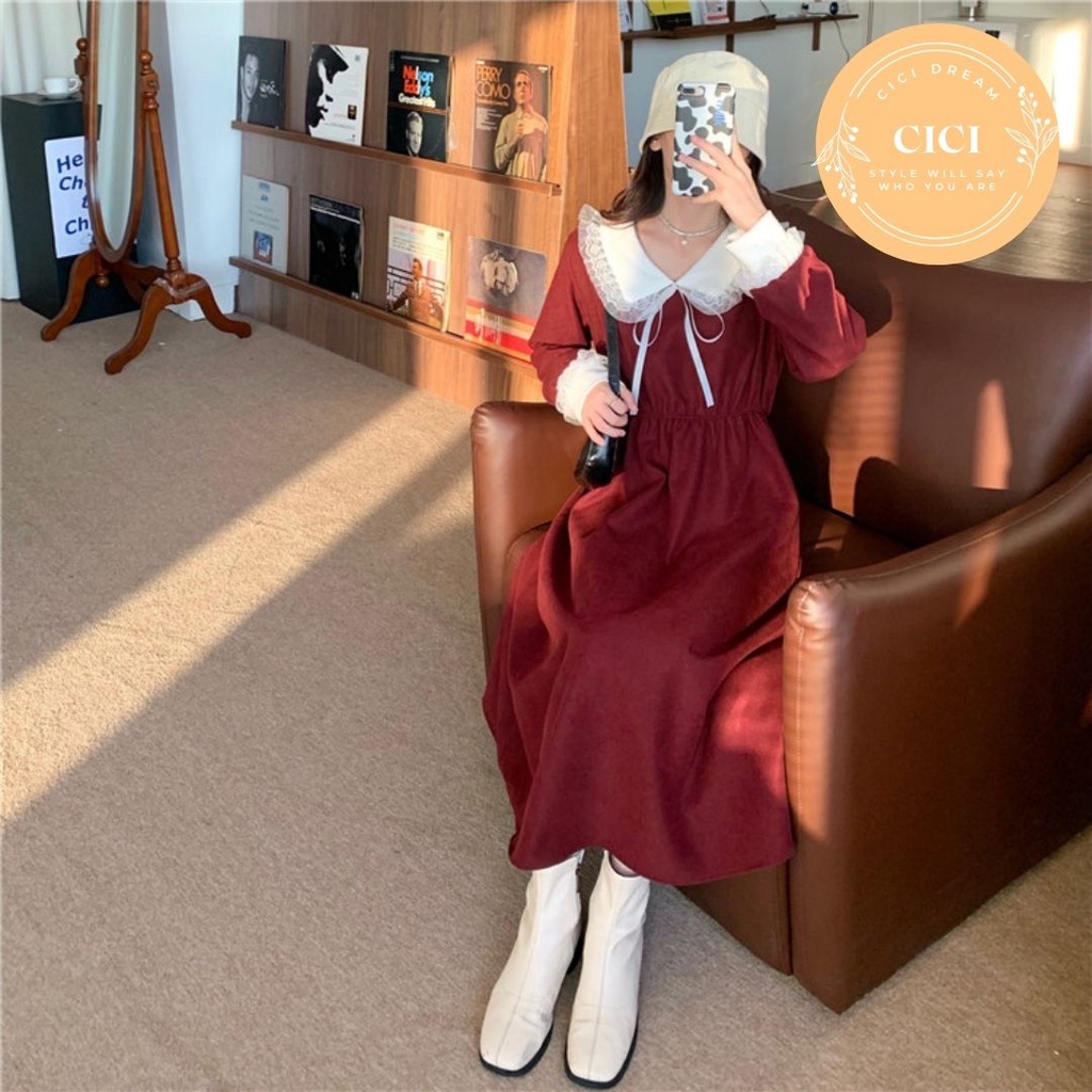 Váy Đỏ maxi noel xòe dáng dài babydoll dài tay phối cổ ren chun eo, váy nhung maxi xòe giáng sinh noel đi chơi, dự tiệc