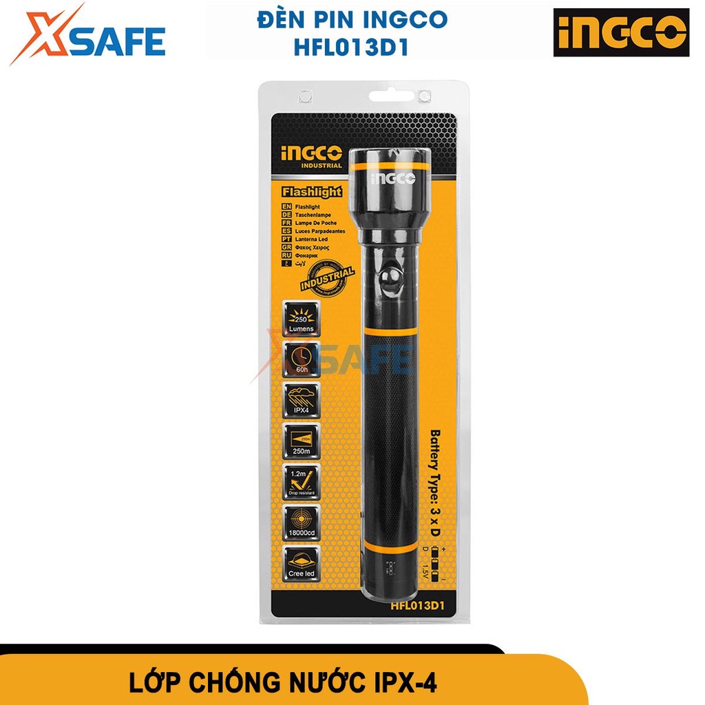 Đèn pin INGCO HFL013D1 3W, vỏ hợp kim nhôm, tuổi thọ 100000h, pin 3AAA, không kèm theo pin [CHÍNH HÃNG][XSAFE]