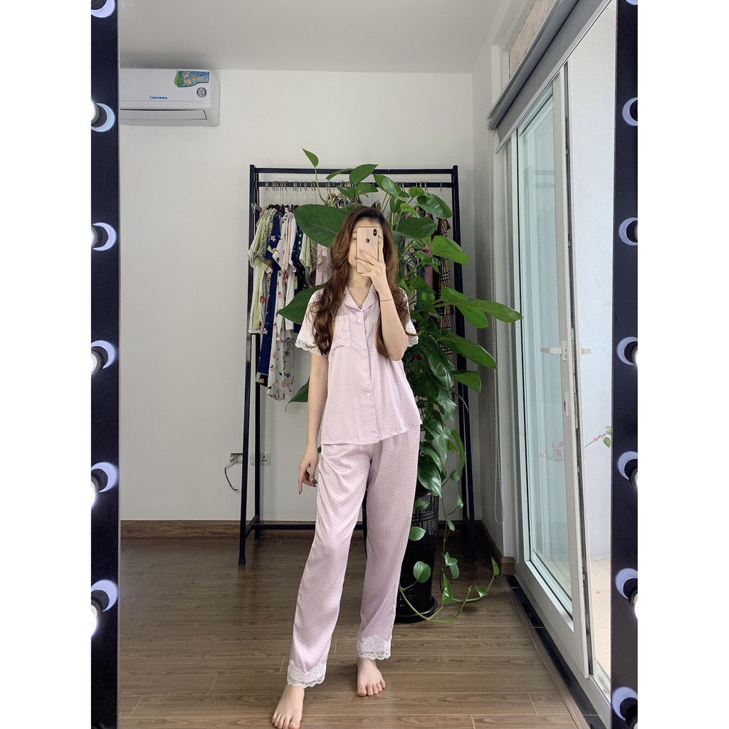 Bộ Pijama lụa NOHK cao cấp mặc nhà cộc tay quần dài chấm bi phối ren