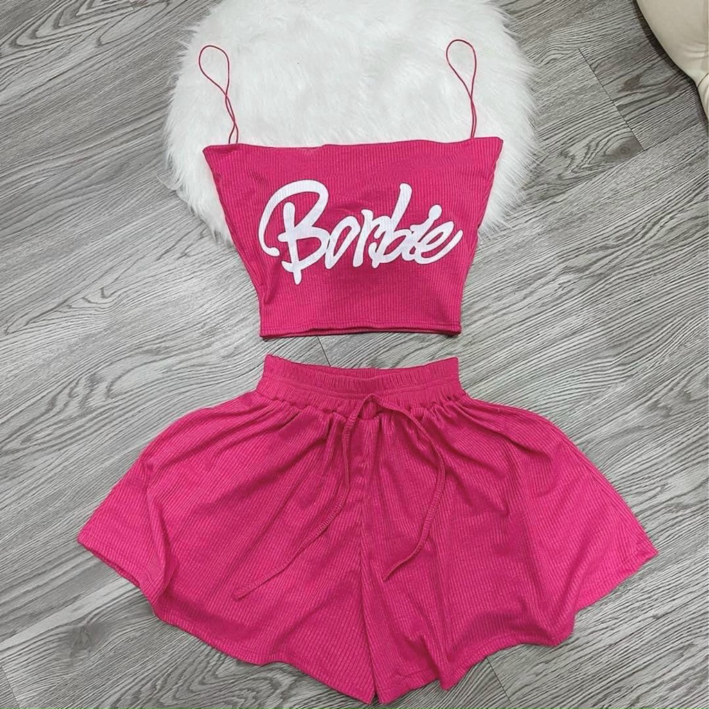 Set bộ mặc nhà áo 2 dây chữ babie quần đùi xoè thun gân mềm