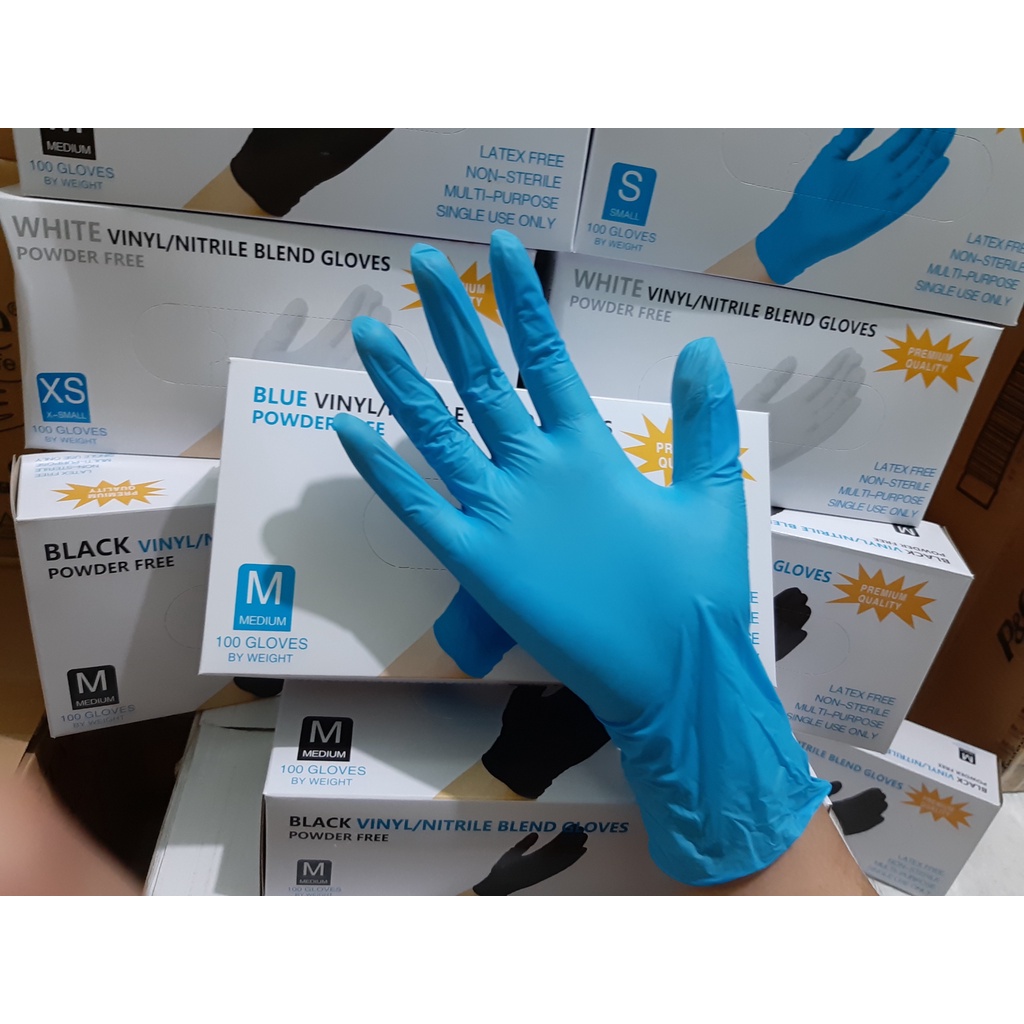 Găng Tay Y Tế Không Bột Màu Xanh Vinyl Nitrile - Hộp 100 Cái = 50 Đôi Găng Tay Dùng Chế Biến, Thẩm Mỹ, Phun Xăm Spa
