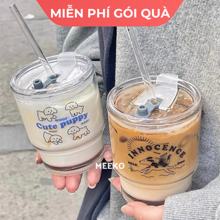 Cốc thủy tinh họa tiết cún kèm nắp,ống hút thủy tinh/Cốc có nắp chống tràn Cute Puppy Hàn Quốc MEEKO