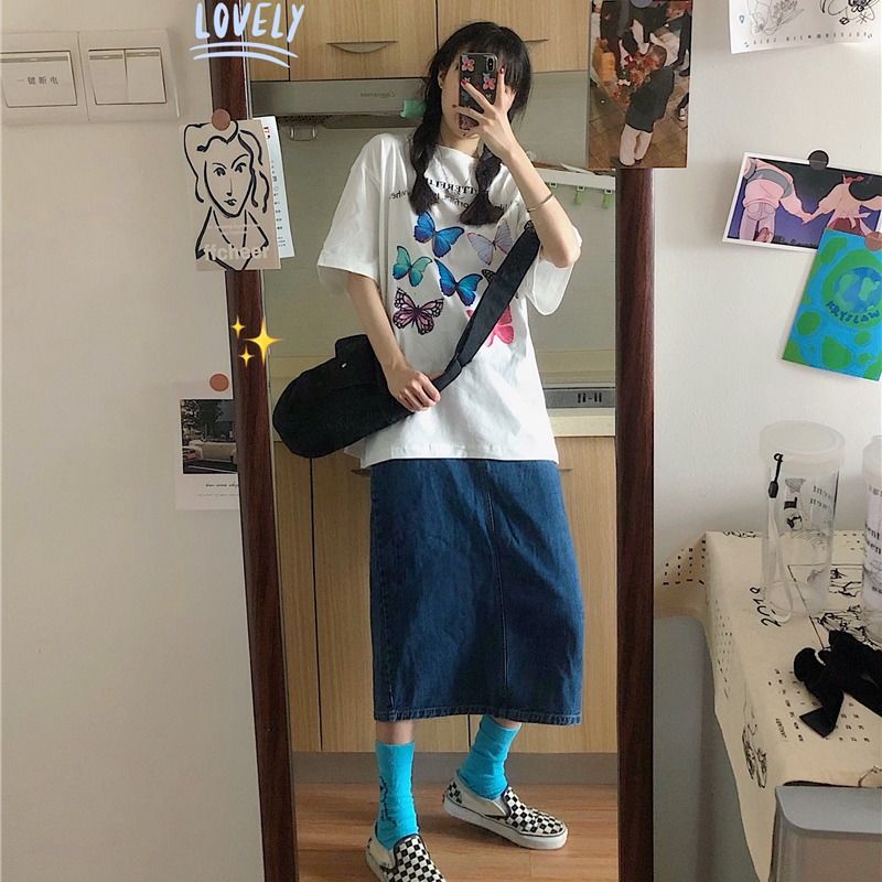 COZOK Chân váy denim lưng cao xẻ tà phong cách Hàn Quốc