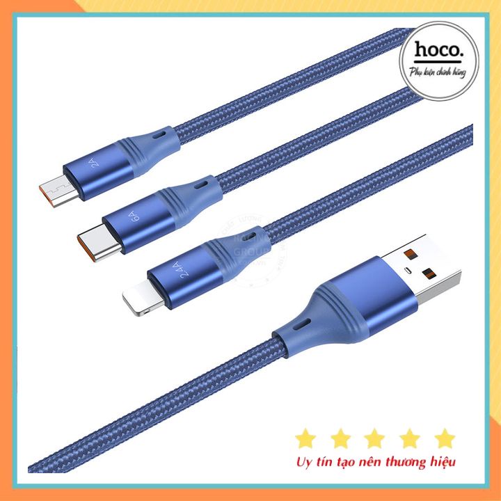 Cáp sạc nhanh và truyền dữ liệu 3 đầu 66W Hoco U104 hàng chính hãng bảo hành 12 tháng